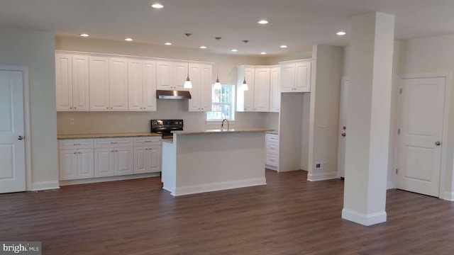 kitchen featuring a center island, dark wood-type flooring, black electric range, decorative light fixtures, and white cabinetry