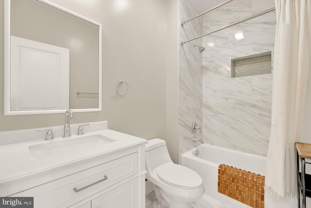 full bathroom with vanity, shower / bath combination with curtain, and toilet