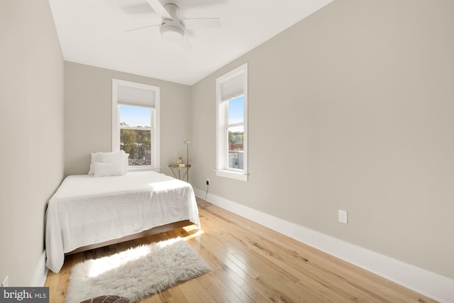 bedroom with ceiling fan and wood-type flooring