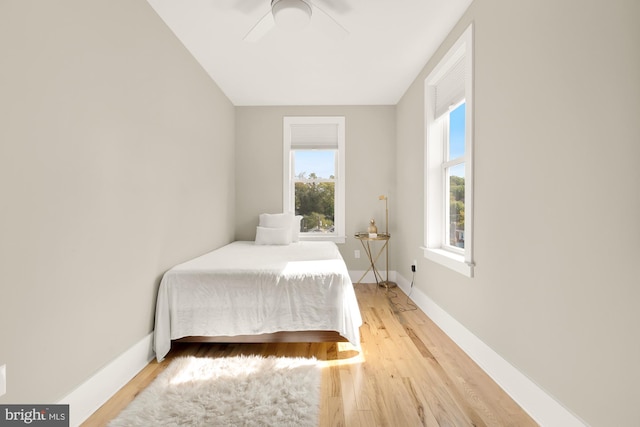 bedroom featuring multiple windows, ceiling fan, and wood-type flooring