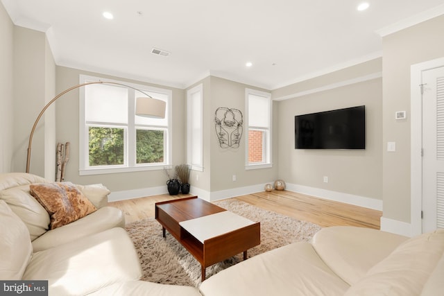 living room with ornamental molding and light hardwood / wood-style flooring