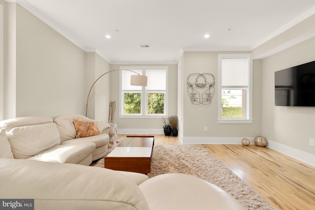 living room with ornamental molding and hardwood / wood-style flooring