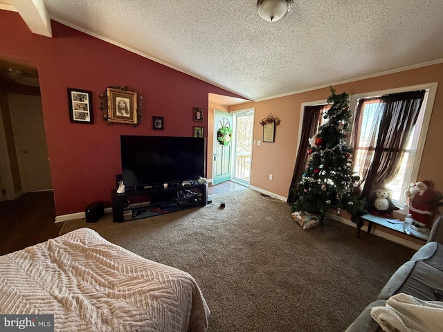 carpeted living room featuring ornamental molding, a textured ceiling, and vaulted ceiling