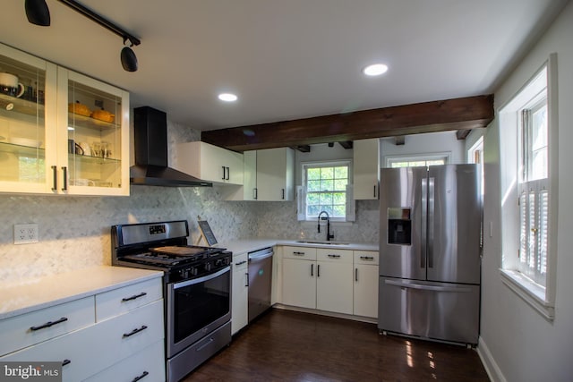 kitchen featuring tasteful backsplash, wall chimney exhaust hood, stainless steel appliances, sink, and white cabinetry