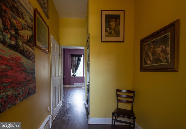 hallway with dark hardwood / wood-style floors and a baseboard heating unit