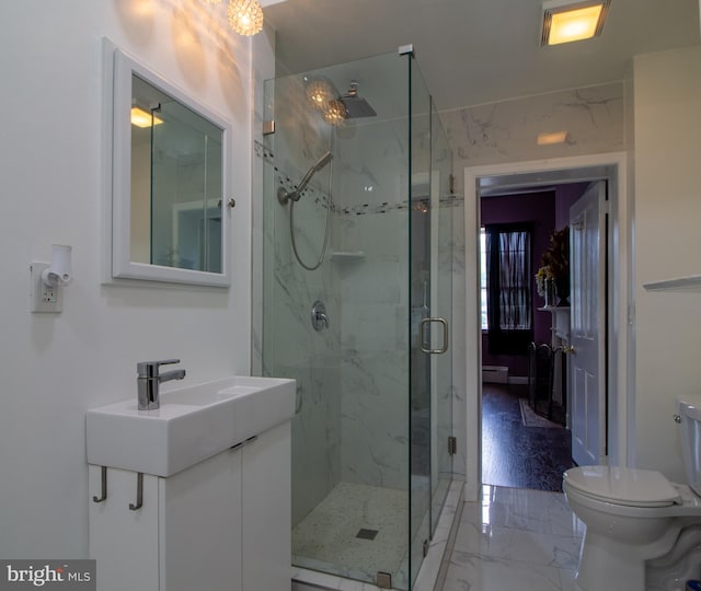 bathroom with vanity, toilet, and walk in shower