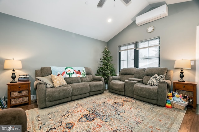 living room featuring ceiling fan, an AC wall unit, dark wood-type flooring, and lofted ceiling