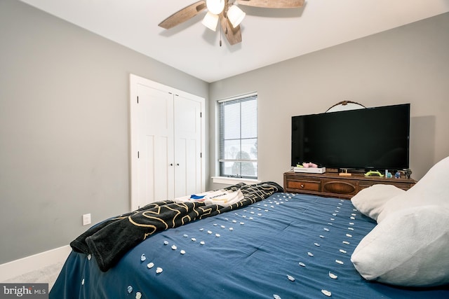 carpeted bedroom featuring ceiling fan and a closet