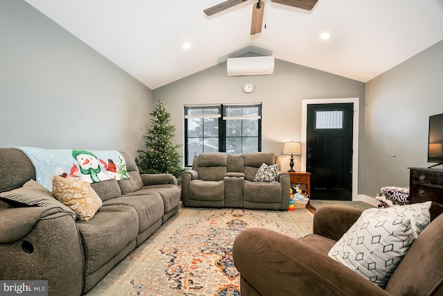 living room featuring vaulted ceiling, an AC wall unit, and ceiling fan