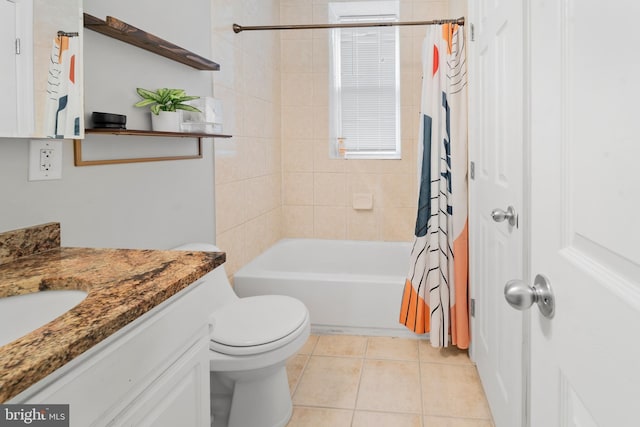 full bathroom with tile patterned flooring, vanity, shower / bath combo, and toilet