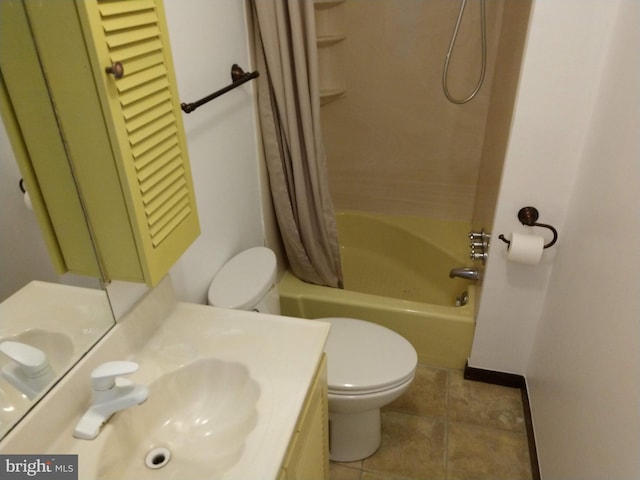 full bathroom with vanity, shower / bath combination with curtain, and toilet