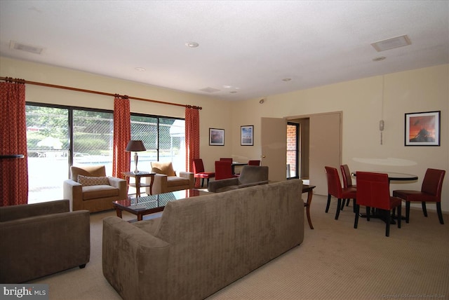 living room featuring light colored carpet