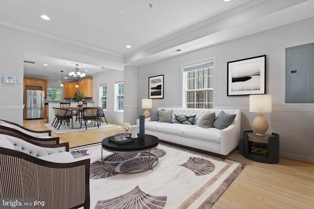 living room with a healthy amount of sunlight, ornamental molding, electric panel, and light hardwood / wood-style flooring