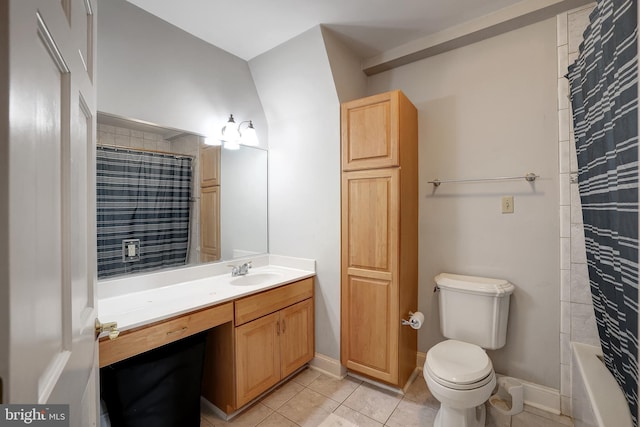 full bathroom with tile patterned flooring, vanity, toilet, and shower / bath combo with shower curtain