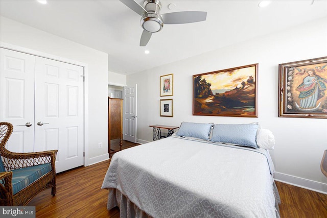 bedroom featuring a closet, ceiling fan, and dark wood-type flooring