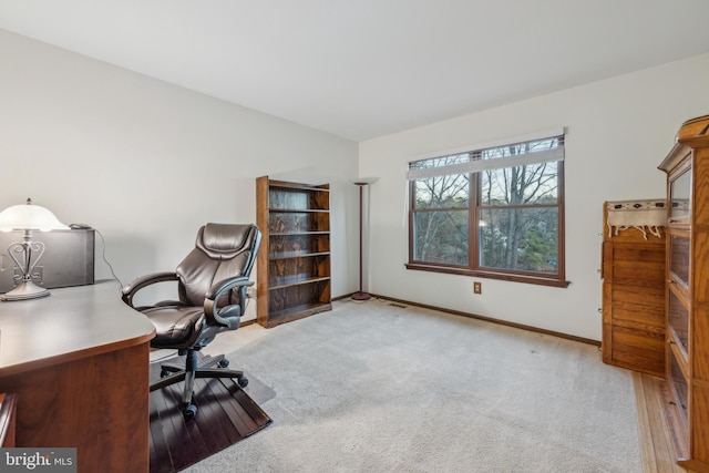 home office with light colored carpet