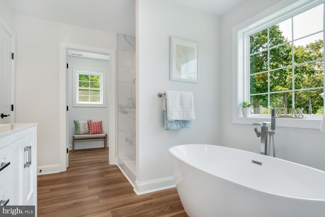 bathroom with hardwood / wood-style flooring, plenty of natural light, separate shower and tub, and vanity