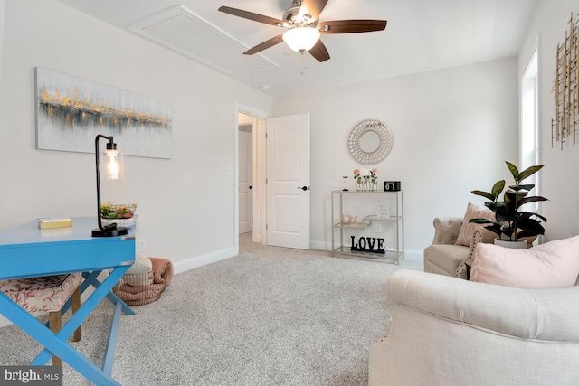 living room with carpet flooring and ceiling fan