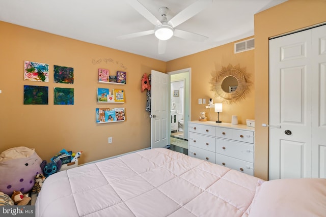 bedroom with ceiling fan and a closet