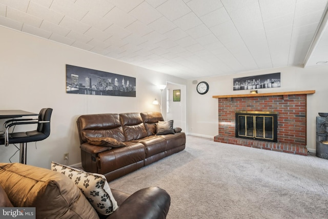 living room featuring carpet flooring and a fireplace