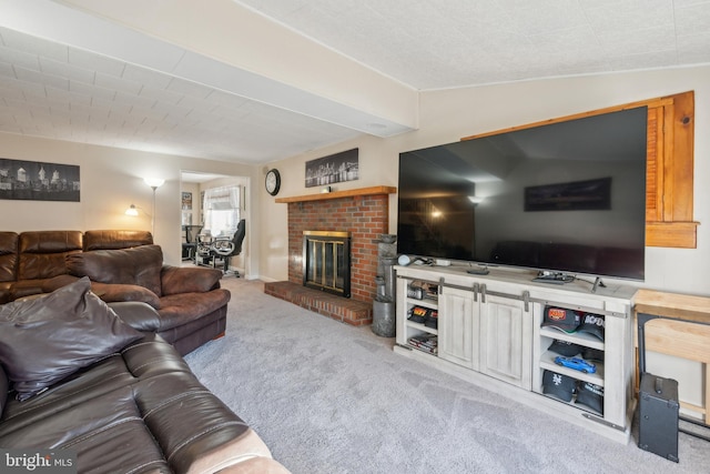 living room featuring a fireplace, light carpet, and lofted ceiling