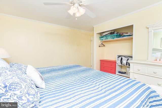 bedroom featuring ceiling fan and crown molding