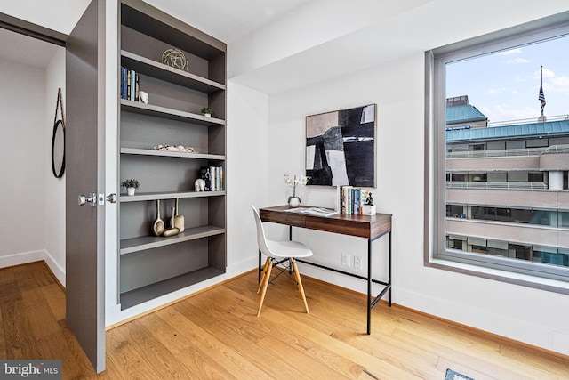 home office featuring built in features and light wood-type flooring