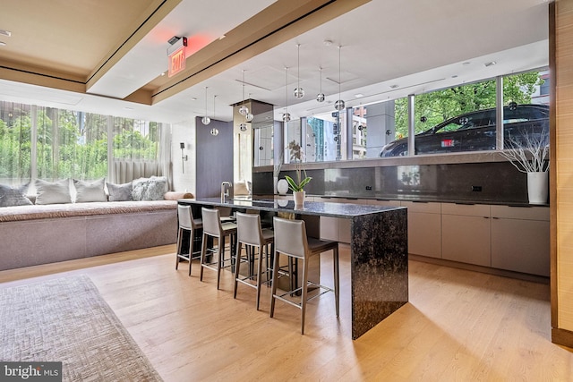 kitchen with hanging light fixtures, a kitchen breakfast bar, light hardwood / wood-style flooring, dark stone countertops, and a spacious island