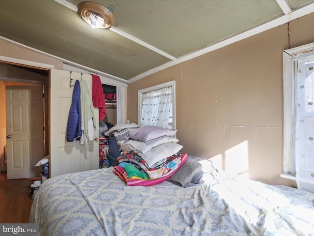 bedroom with lofted ceiling, crown molding, and a closet