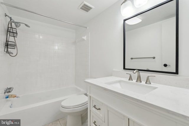 full bathroom with toilet, tiled shower / bath combo, tile patterned flooring, and vanity