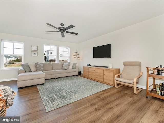 living room featuring ceiling fan and hardwood / wood-style floors