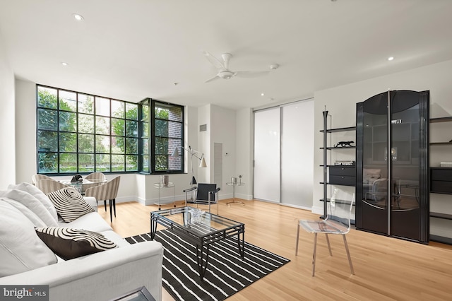 living room with ceiling fan and hardwood / wood-style flooring