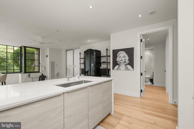 kitchen with ceiling fan, light wood-type flooring, and sink