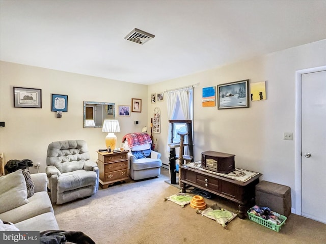 carpeted living room featuring a baseboard radiator