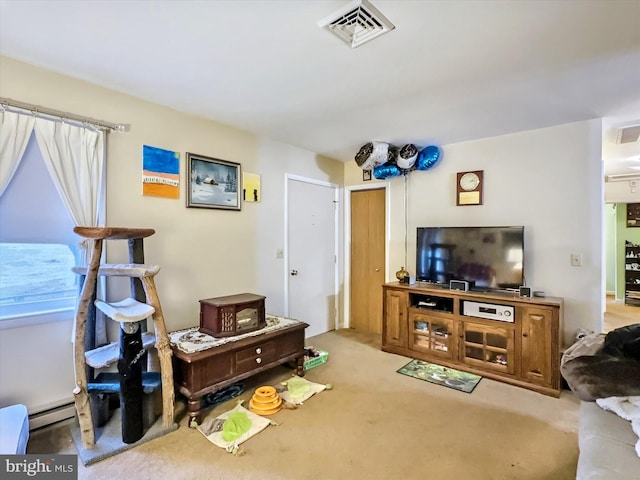 living room featuring light colored carpet