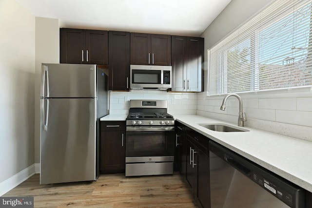 kitchen featuring backsplash, sink, stainless steel appliances, and light hardwood / wood-style flooring