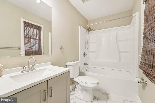 full bathroom with vanity, toilet, and bathing tub / shower combination