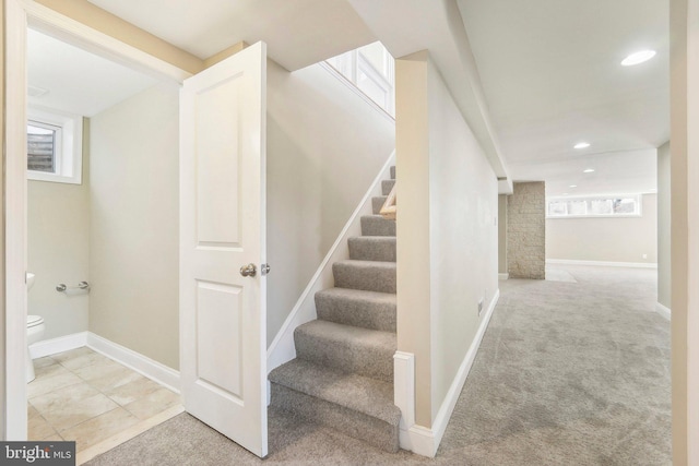 stairway featuring carpet