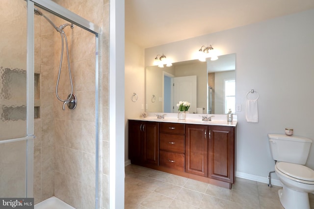 bathroom with tile patterned flooring, vanity, toilet, and a shower with door