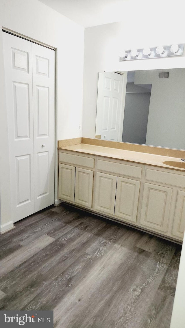 bathroom with vanity and hardwood / wood-style floors