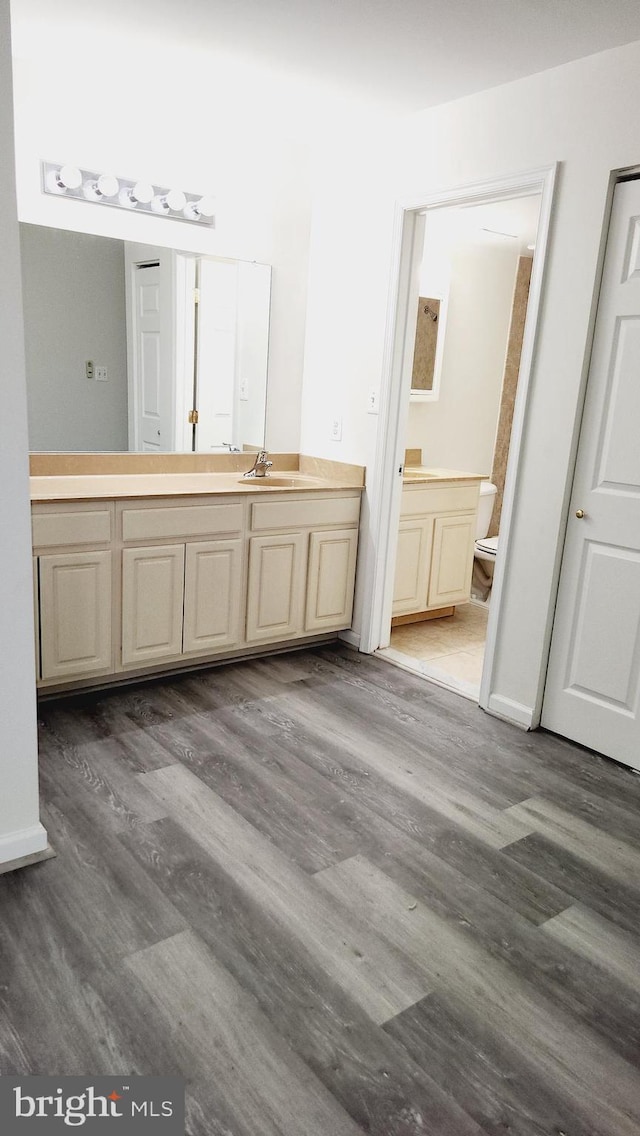 bathroom featuring wood-type flooring, toilet, and vanity