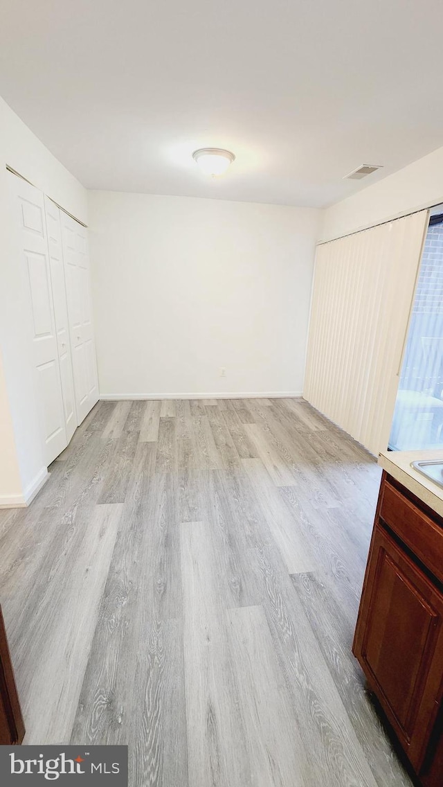 interior space with a closet, sink, and light hardwood / wood-style flooring