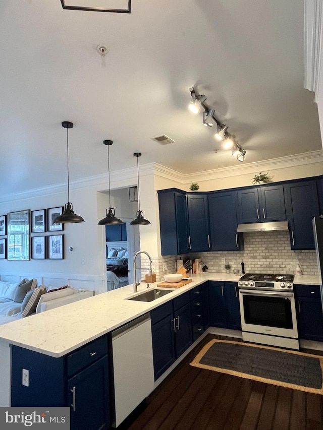 kitchen featuring pendant lighting, blue cabinetry, sink, and appliances with stainless steel finishes