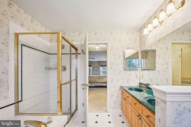 bathroom featuring vanity and walk in shower