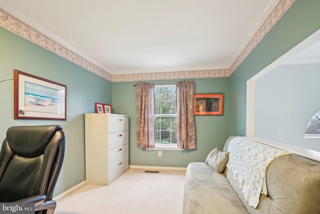 carpeted office with ornamental molding