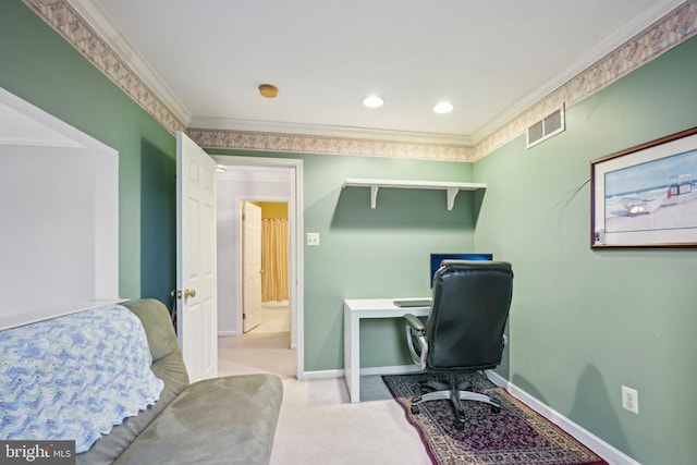 carpeted office with crown molding