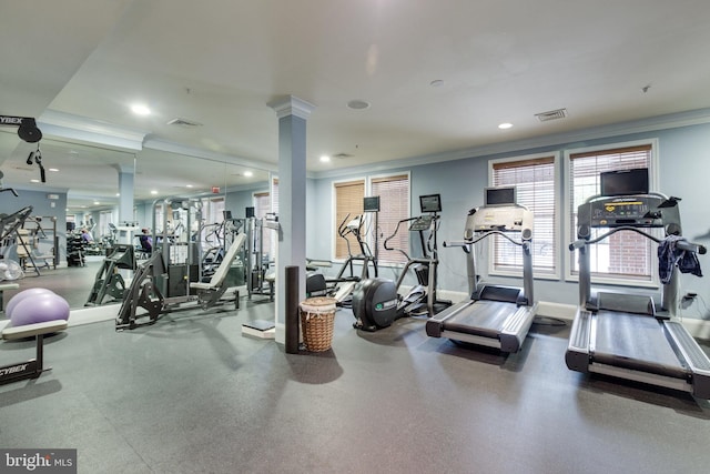 exercise room with baseboards, visible vents, ornamental molding, ornate columns, and recessed lighting