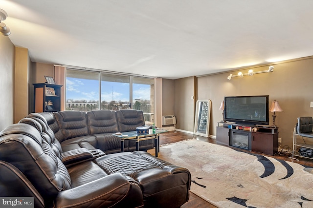 living room with dark hardwood / wood-style flooring