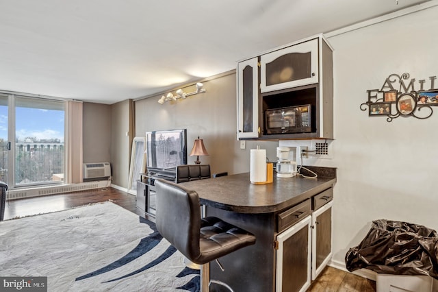 kitchen featuring a wall mounted air conditioner, a baseboard radiator, and dark hardwood / wood-style floors