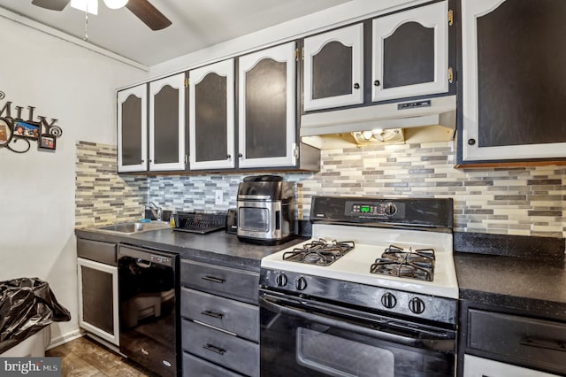 kitchen with dishwasher, sink, ceiling fan, white gas range, and tasteful backsplash